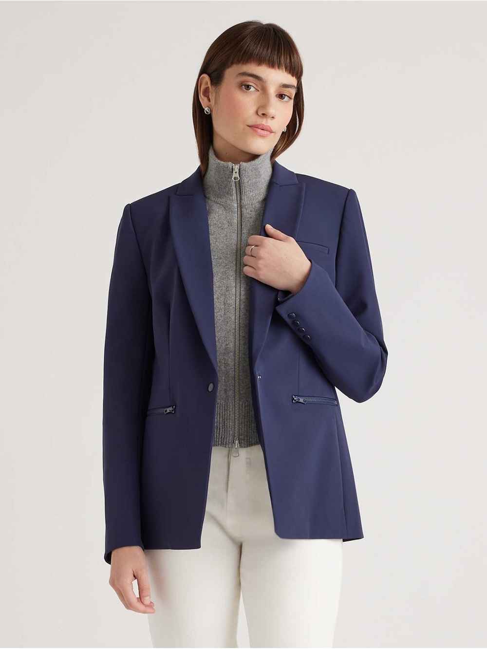 Quince Women's Navy Scuba Single-Breasted Convertible Tailored Blazer Coat XL